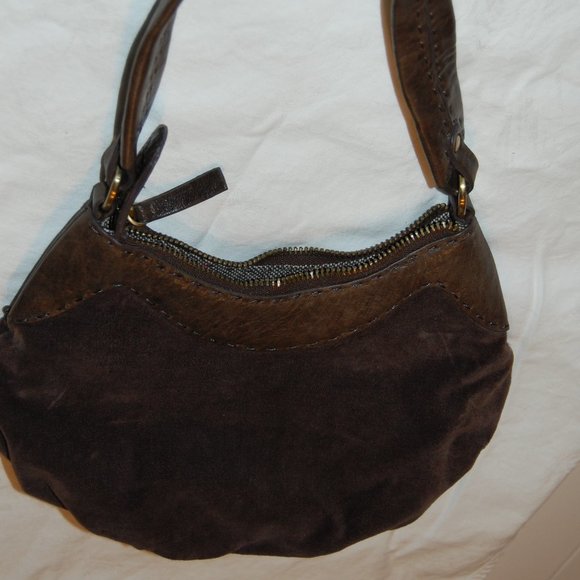 David & Scotti Brown Leather & Soft Material Small Purse W/ Embroidery& Beads - Picture 13 of 16